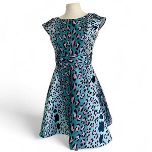 ZOE LTD Jacquard Turquoise METALLIC Leopard Print Girls Cheetah Dress New sz 16